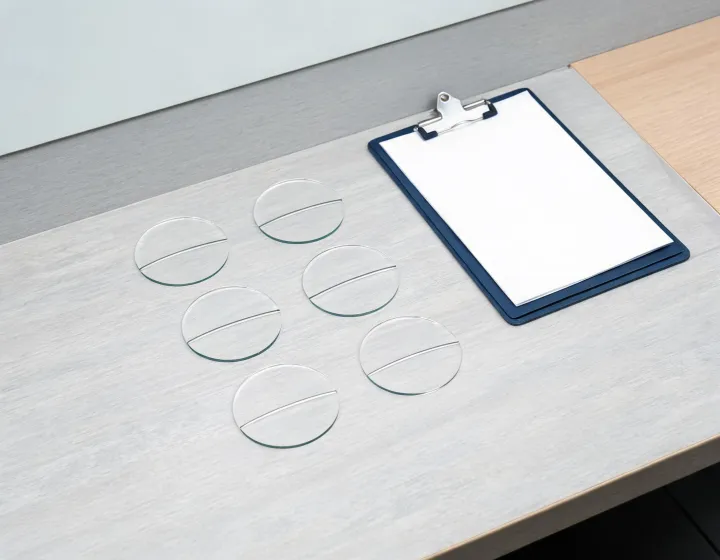 Unlabeled bifocal lens blanks beside a written procurement brief