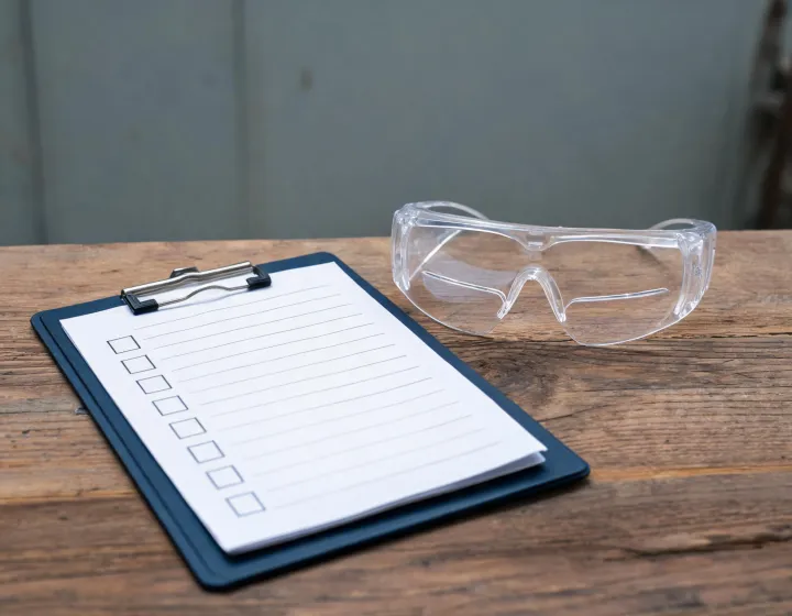 Unlabeled safety eyewear with bifocal segment on a worksite briefing table